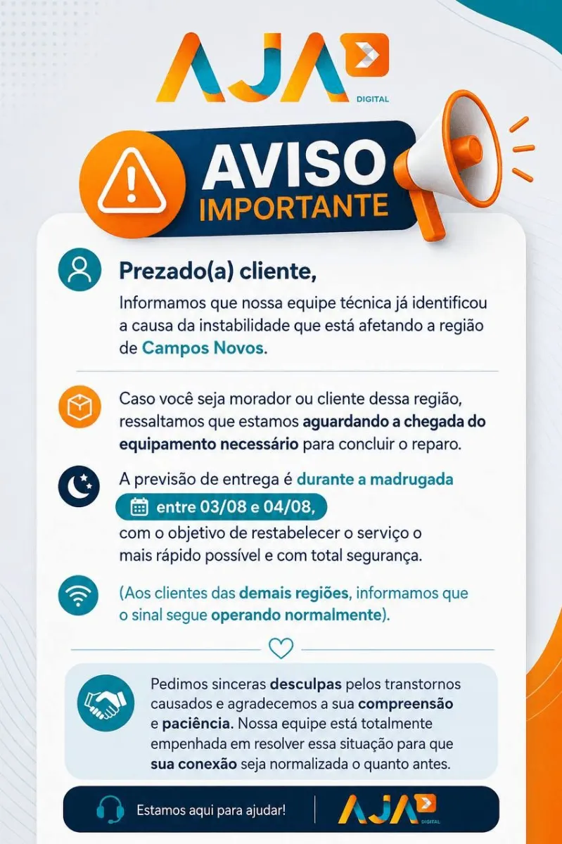 AJA Digital informa previsão para normalização da internet em Campos Novos durante a madrugada