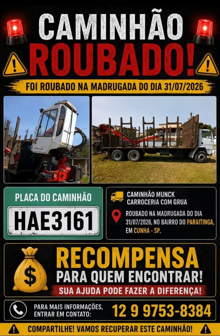 Caminhão munck roubado em Cunha; proprietário oferece recompensa por informações
